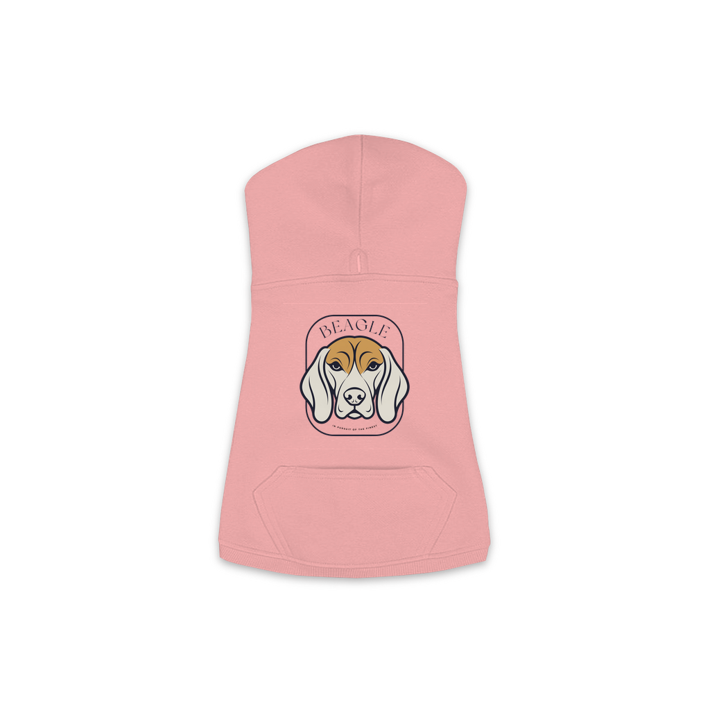 Beagle dog hoodie in Mauvelous — gold crest emblem print on cosy fleece pullover