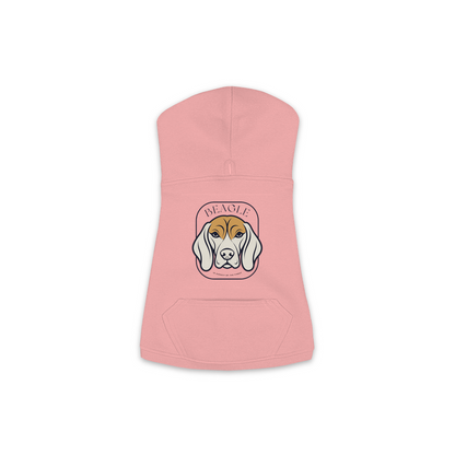 Beagle dog hoodie in Mauvelous — gold crest emblem print on cosy fleece pullover