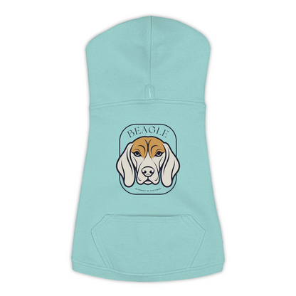 Beagle dog hoodie in Saltwater — gold crest emblem print on cosy fleece pullover