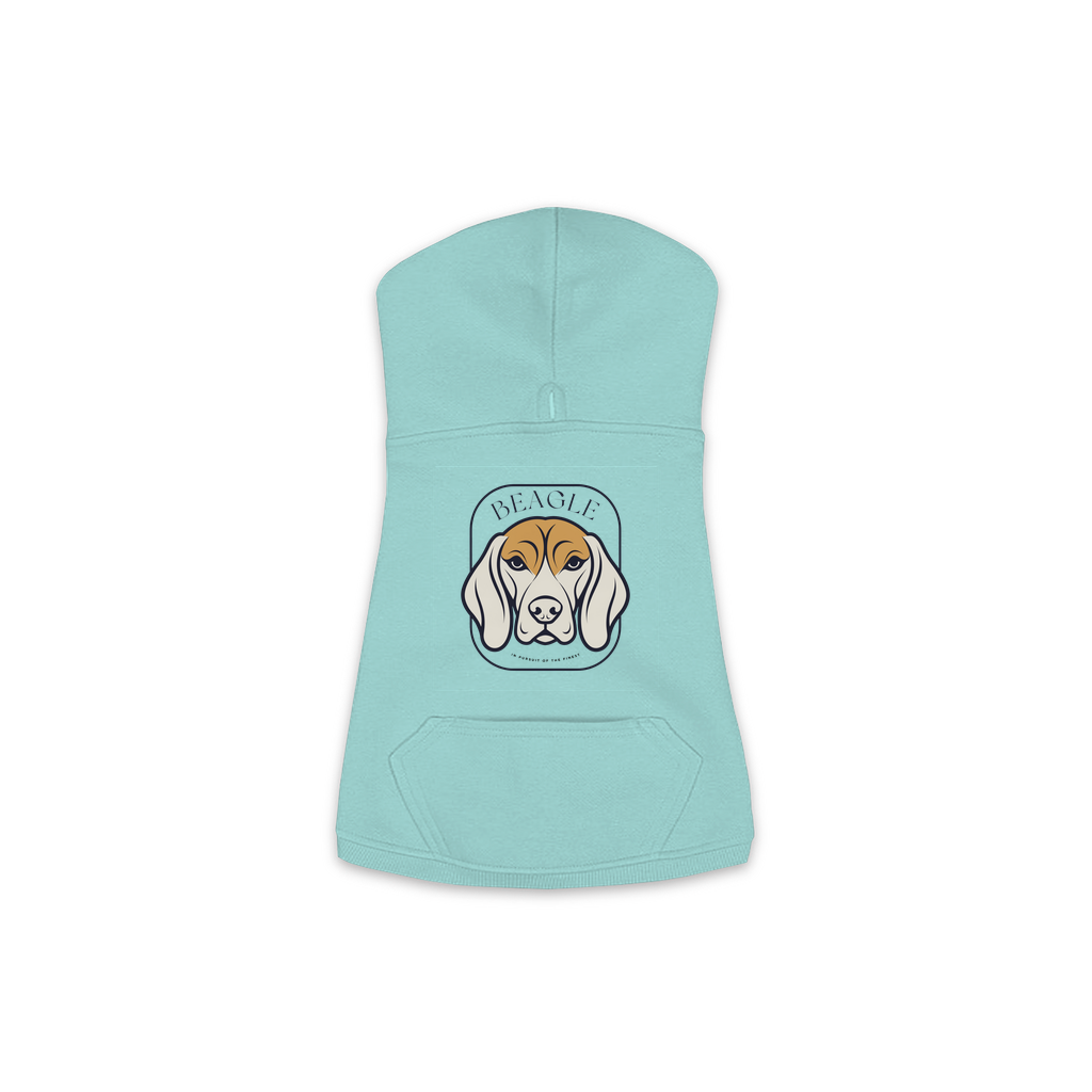 Beagle dog hoodie in Saltwater — gold crest emblem print on cosy fleece pullover