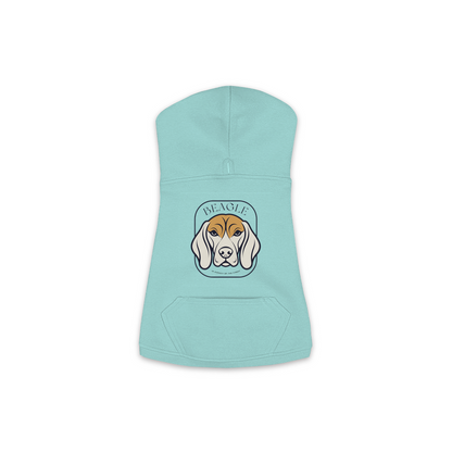 Beagle dog hoodie in Saltwater — gold crest emblem print on cosy fleece pullover