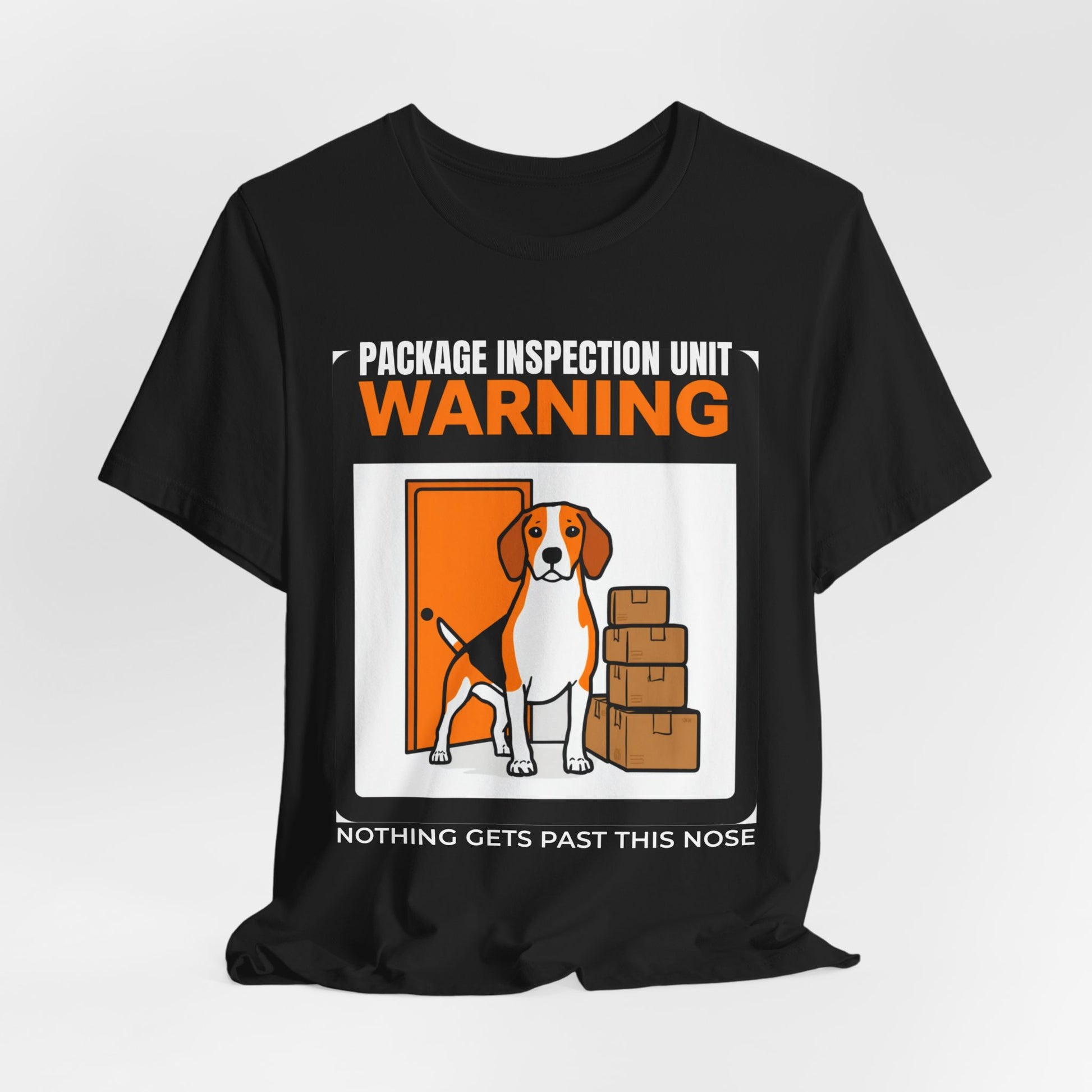 Beagle Package Inspection Unit t-shirt worn by male model, front view