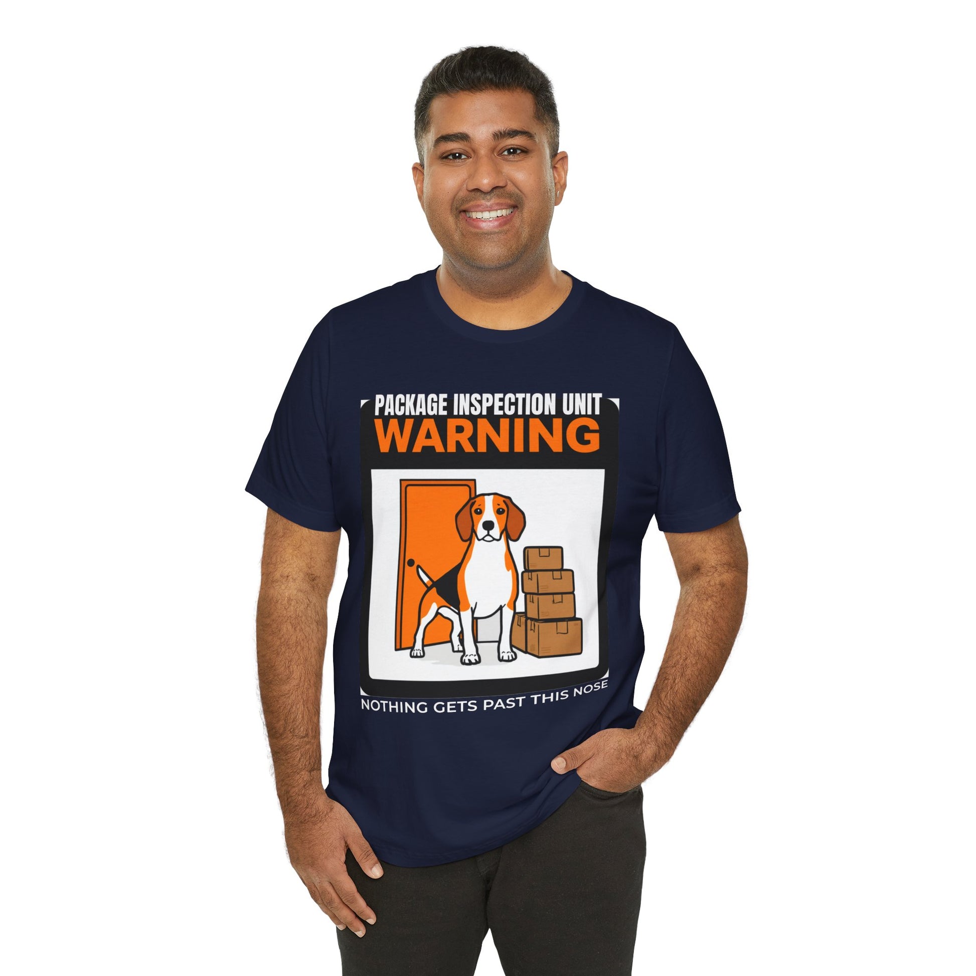 Beagle Package Inspection Unit t-shirt worn outdoors near the front door