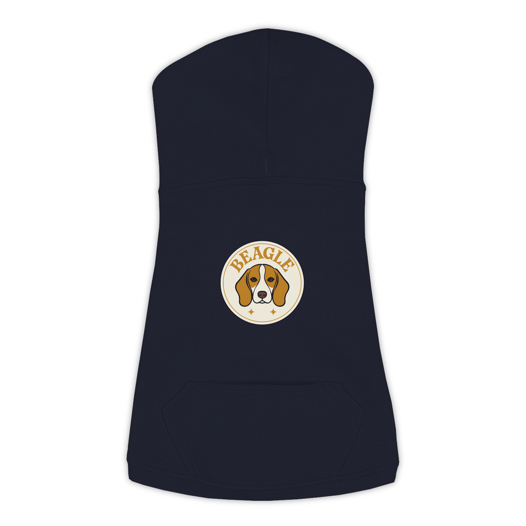 Beagle dog hoodie in Navy — vintage roundel badge print on cosy fleece pullover