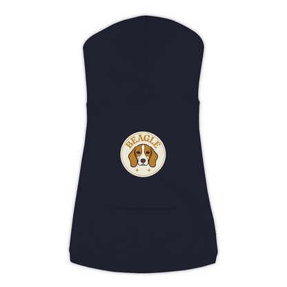 Beagle dog hoodie in Navy — vintage roundel badge print on cosy fleece pullover
