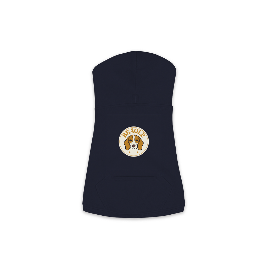 Beagle dog hoodie in Navy — vintage roundel badge print on cosy fleece pullover