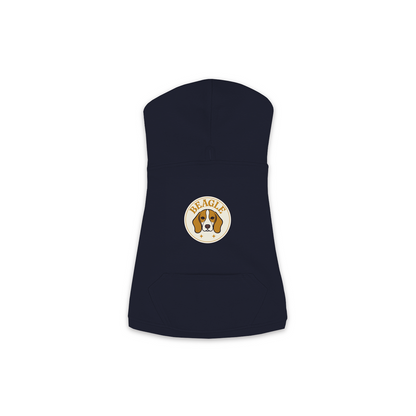 Beagle dog hoodie in Navy — vintage roundel badge print on cosy fleece pullover