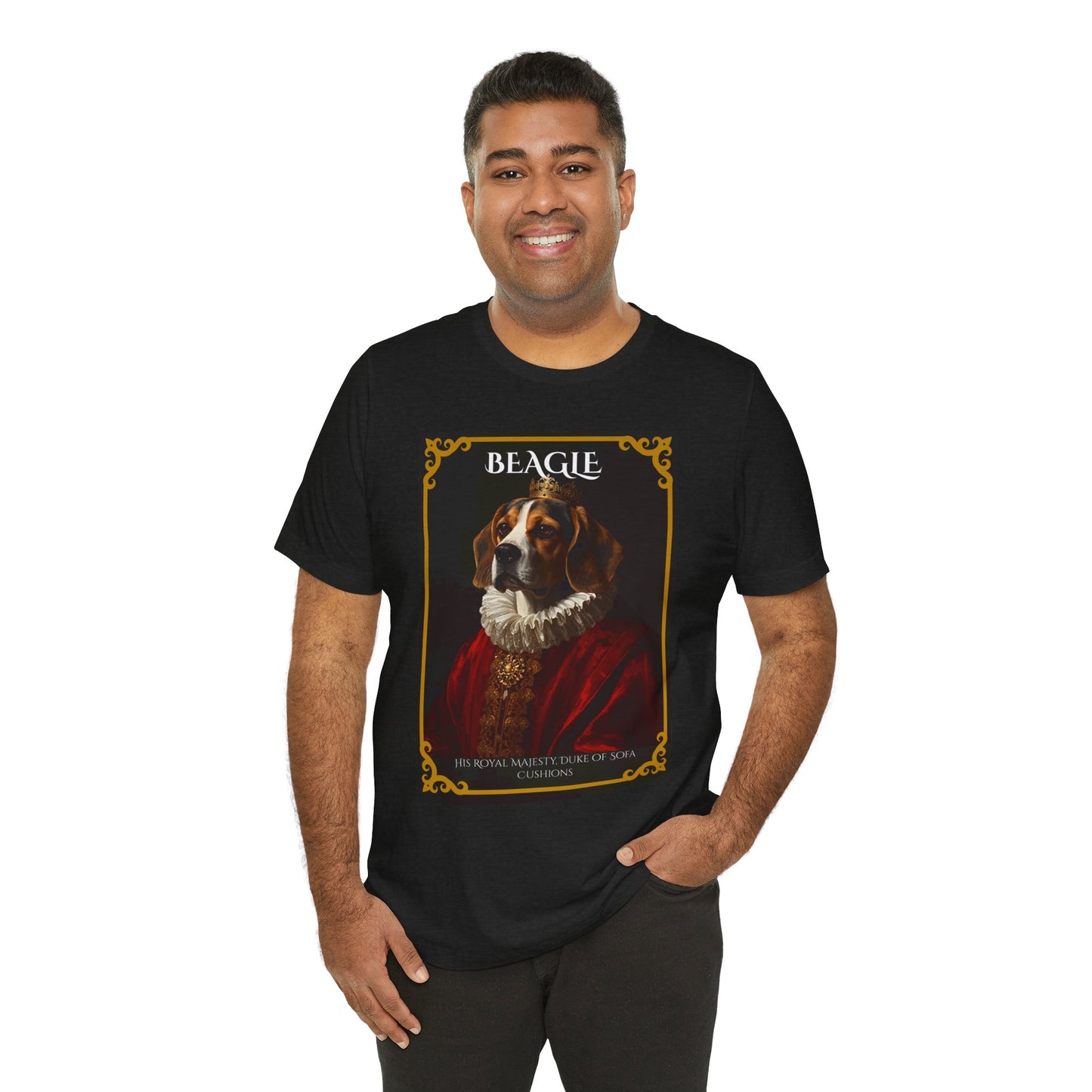 Sleeve and neckline detail on the Beagle Royal Portrait tee