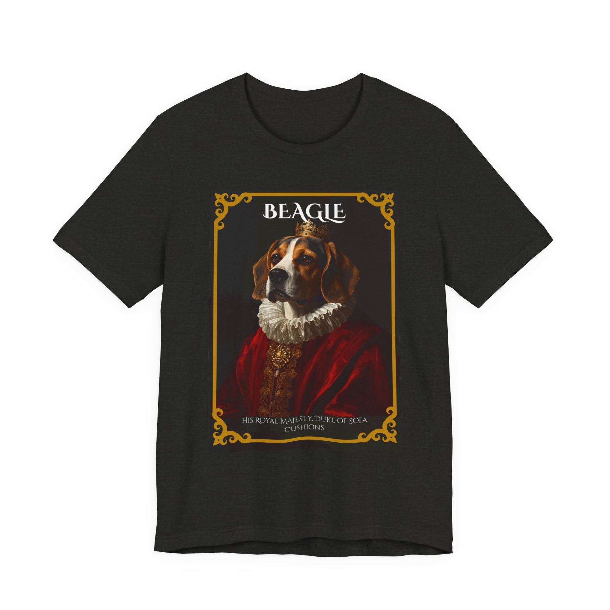 Model wearing the Beagle Royal Portrait tee, front pose