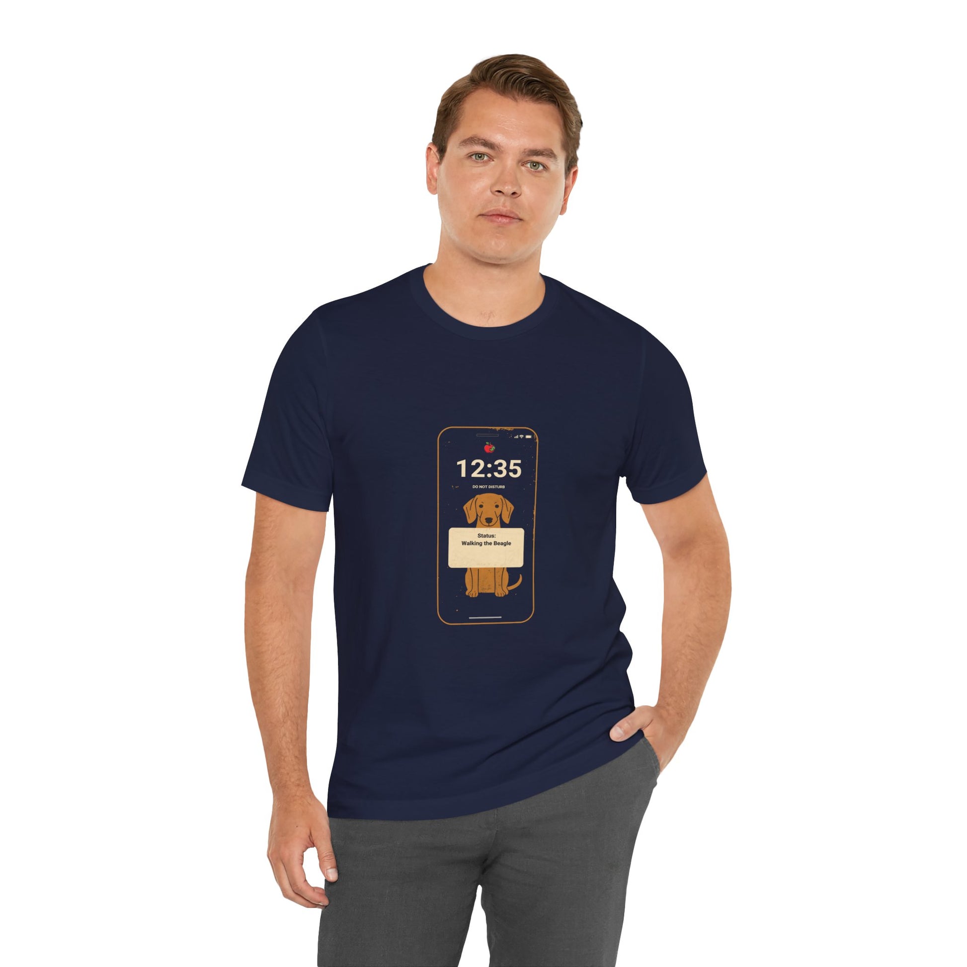 Beagle Status Busy t-shirt worn with jeans, casual outfit