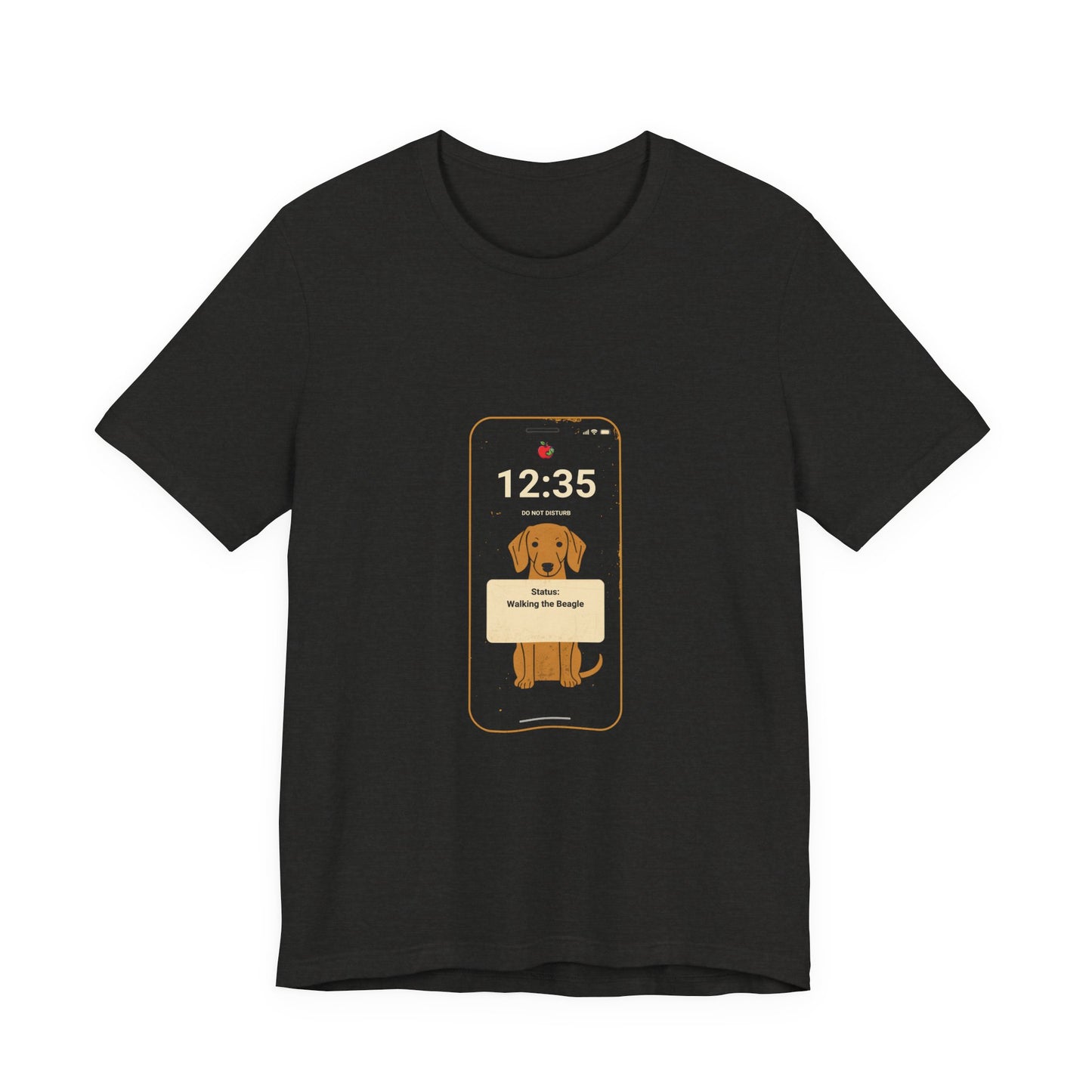 Beagle Status Busy t-shirt flat lay, Dark Grey Heather colourway