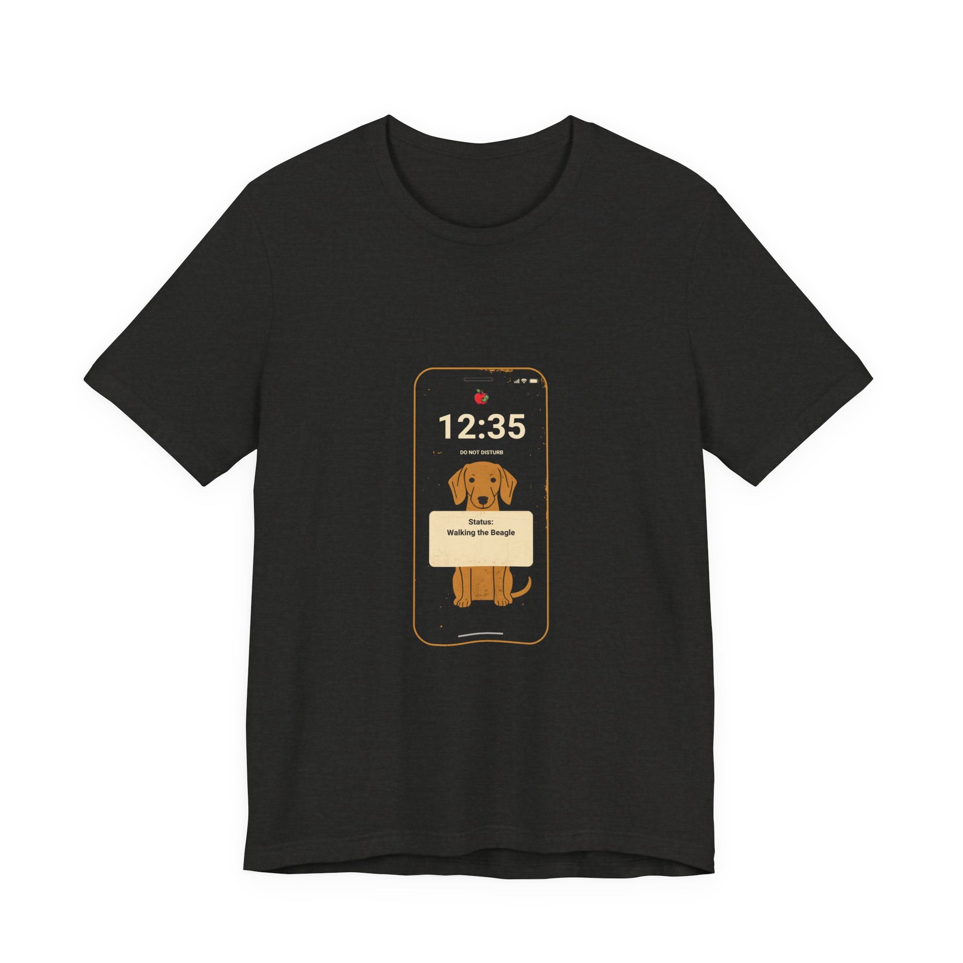 Beagle Status Busy t-shirt flat lay, Dark Grey Heather colourway