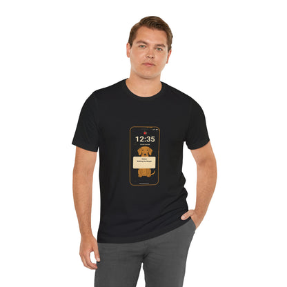 Beagle Status Busy t-shirt worn on model, front view, Dark Grey Heather