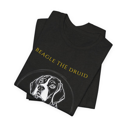 Beagle The Druid T-Shirt worn by model outdoors