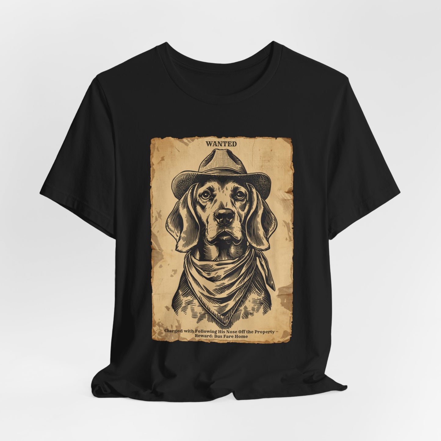Beagle Wanted Outlaw t-shirt model wearing dark grey heather