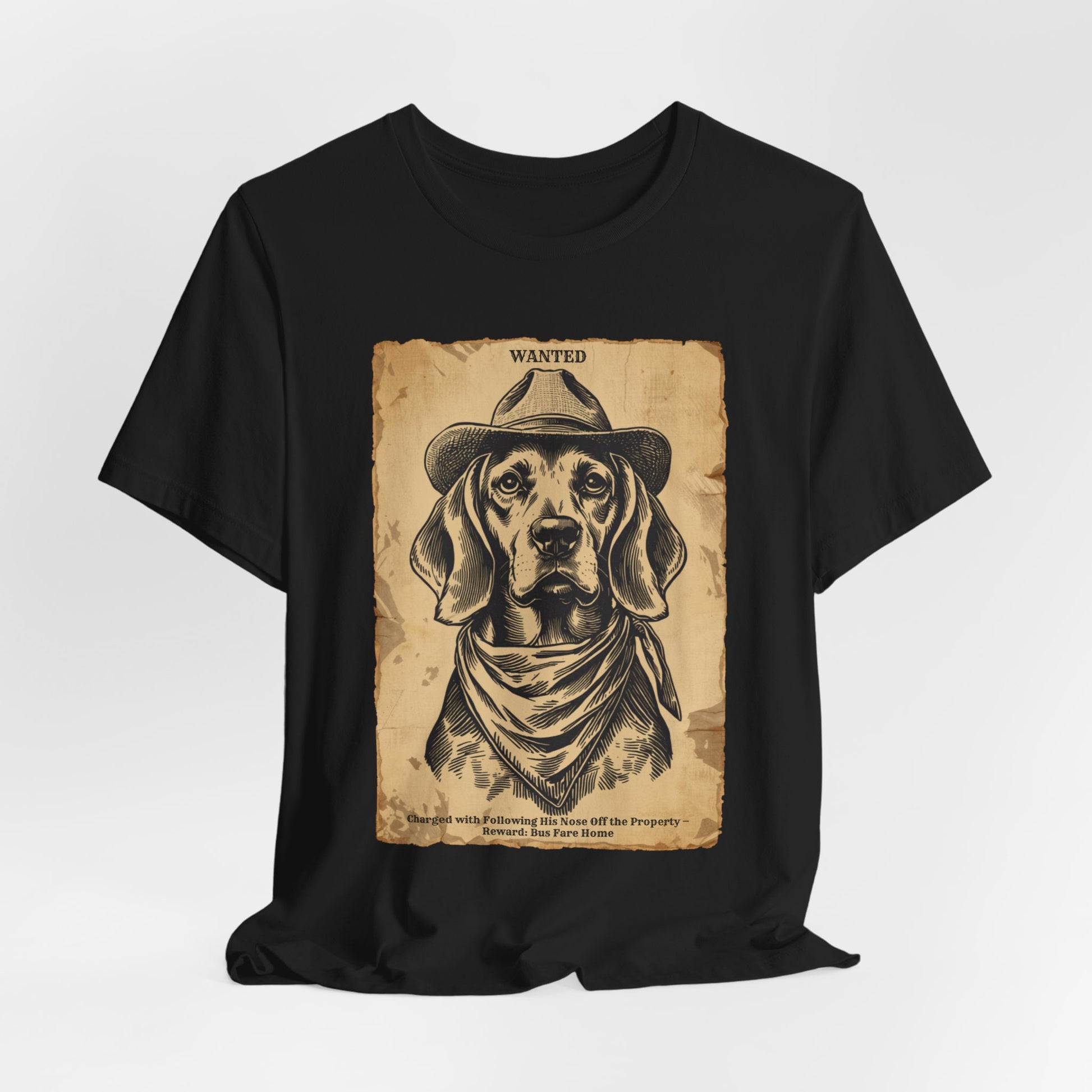 Beagle Wanted Outlaw t-shirt model wearing dark grey heather