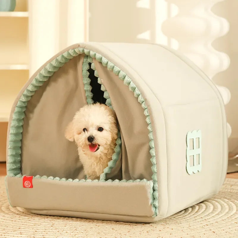 Front view of PoshPup CampCozy beige PU outer shell with decorative mint window cut-out detail