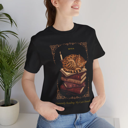 Bengal Cat Dark Academia t-shirt front view on model