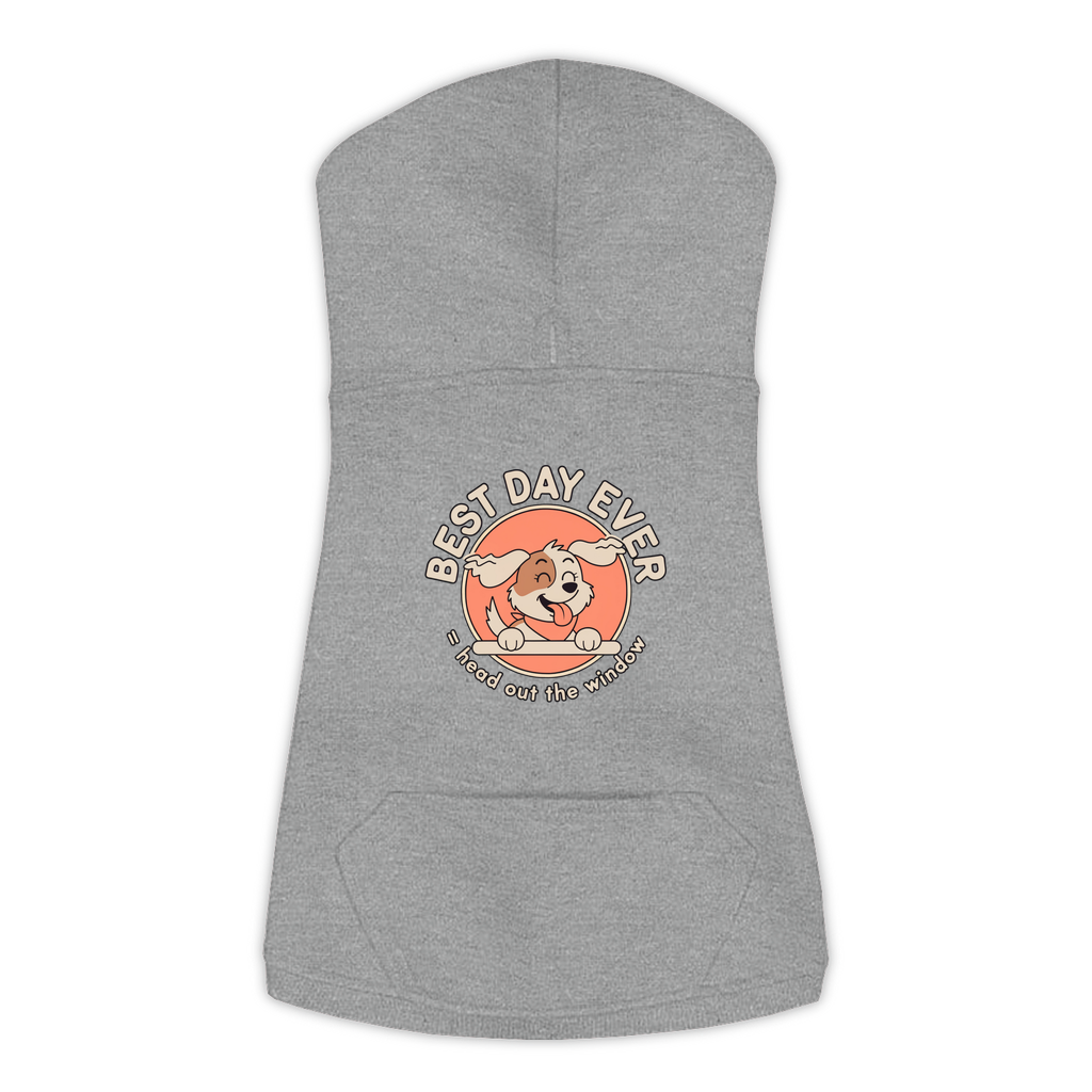 Best Day Ever Dog Hoodie in Granite Heather, sizes L-3XL — funny dog car ride print