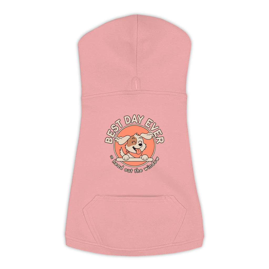 Best Day Ever Dog Hoodie in Mauvelous, sizes L-3XL — funny dog car ride print