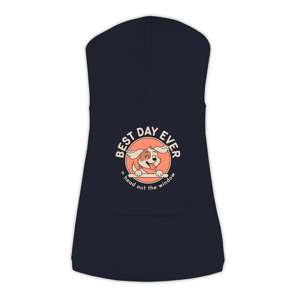 Best Day Ever Dog Hoodie in Navy, sizes L-3XL — funny dog car ride print