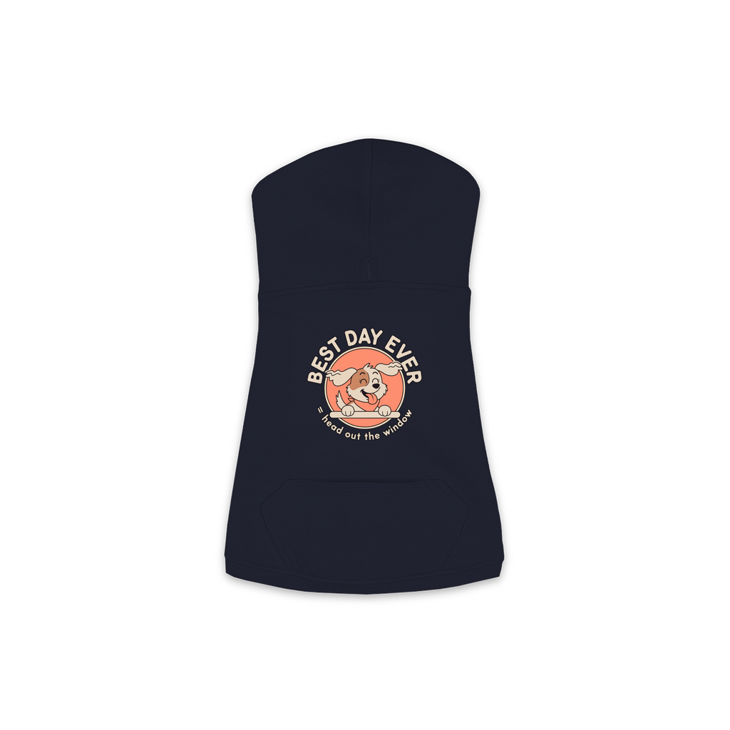 Best Day Ever Dog Hoodie in Navy, sizes XS-M — funny dog car ride print