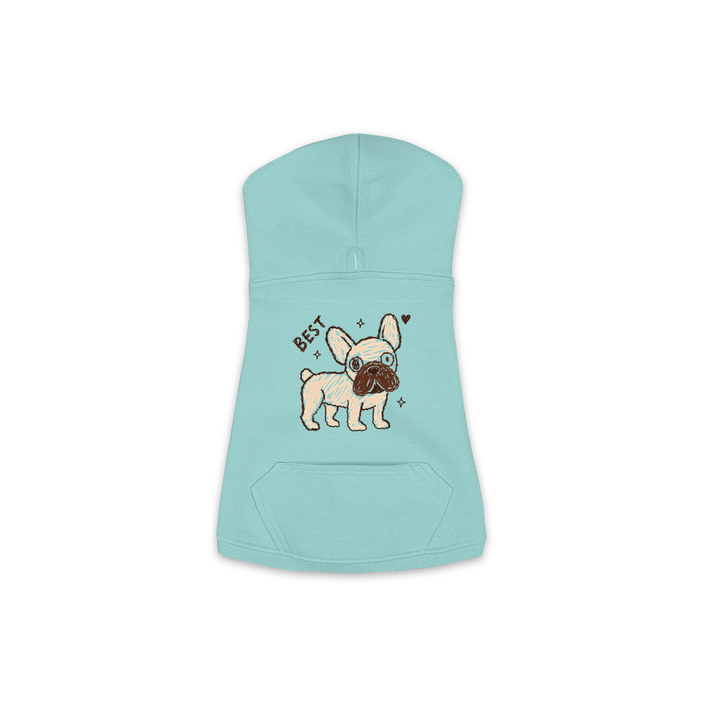 Best Frenchie dog hoodie in saltwater blue, sizes XS to M
