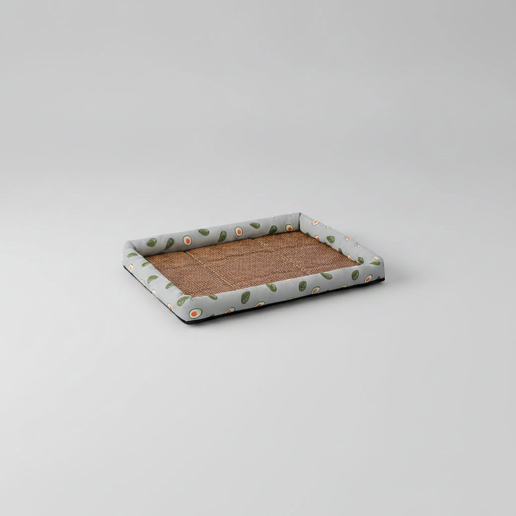 PoshPup ChillTail rattan cooling pet mat in teal triangle print, top-down view