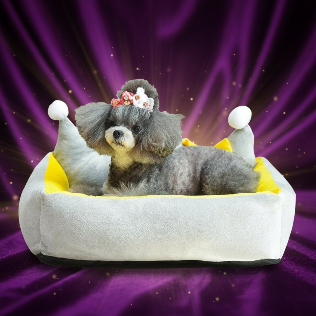 Crown-shaped plush dog bed in red — front view showing padded crown walls and plush interior — SniffWaggleNWalk