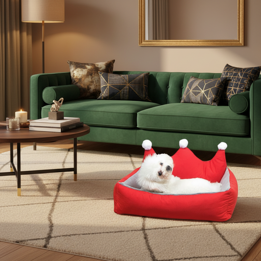 Royal crown dog bed in red with small dog inside — open top design with faux fur base — SniffWaggleNWalk
