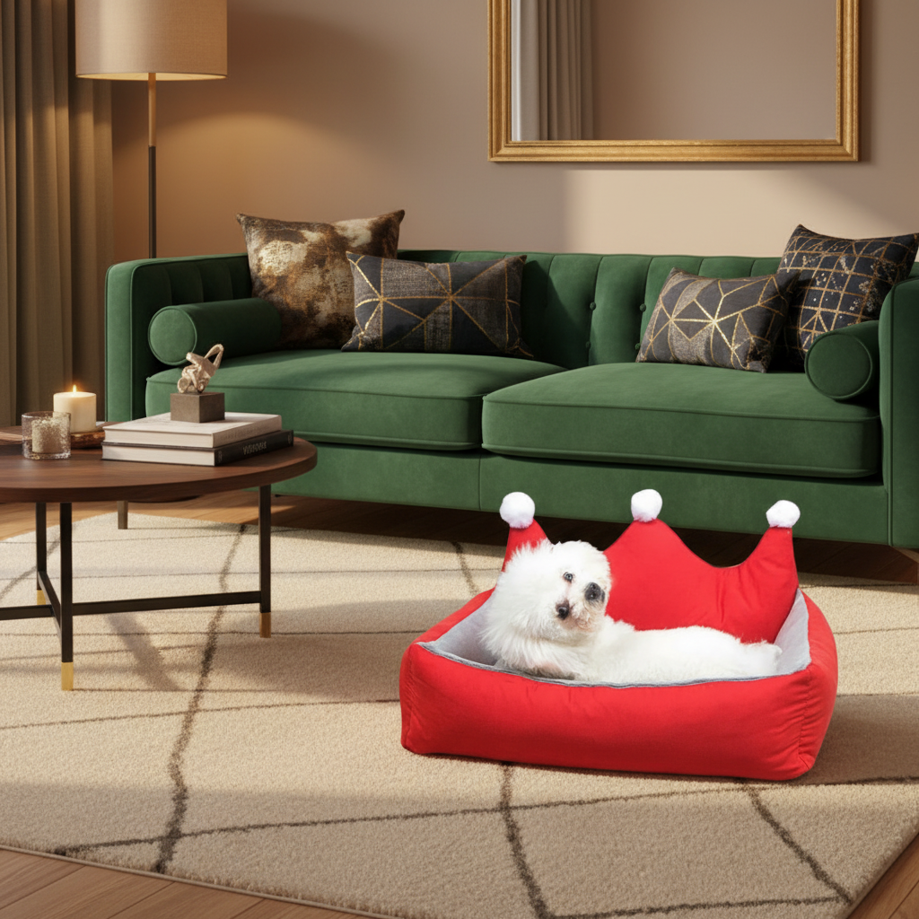 Royal crown dog bed in red with small dog inside — open top design with faux fur base — SniffWaggleNWalk