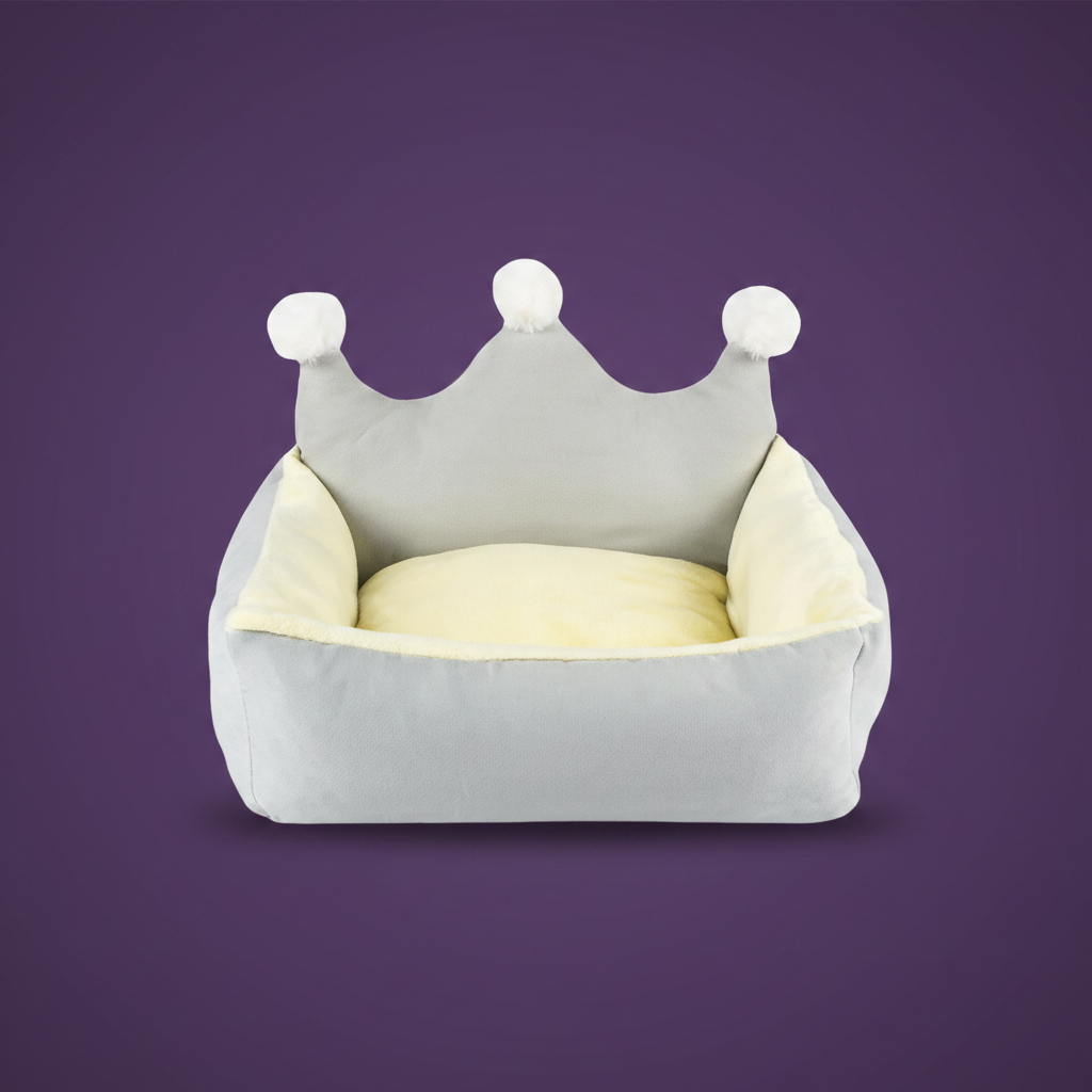 Crown-shaped dog bed in grey — neutral colourway with plush faux fur interior