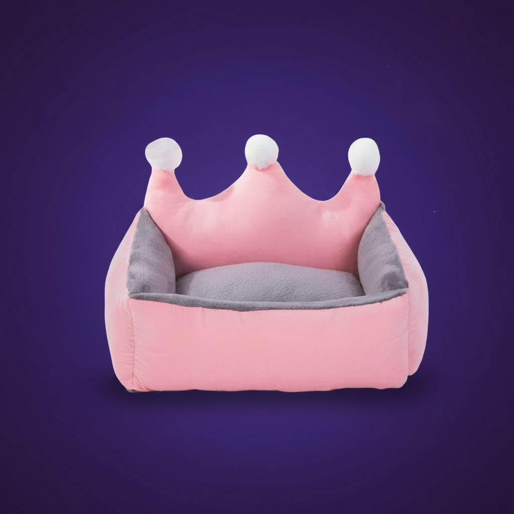 Crown-shaped dog bed in pink — princess throne bed for small dogs and toy breeds