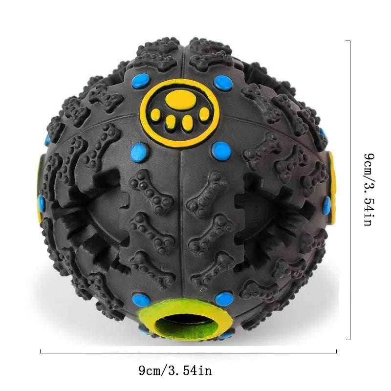 PoshPup TreatBall showing treat hole with kibble dispensing from rubber dog toy
