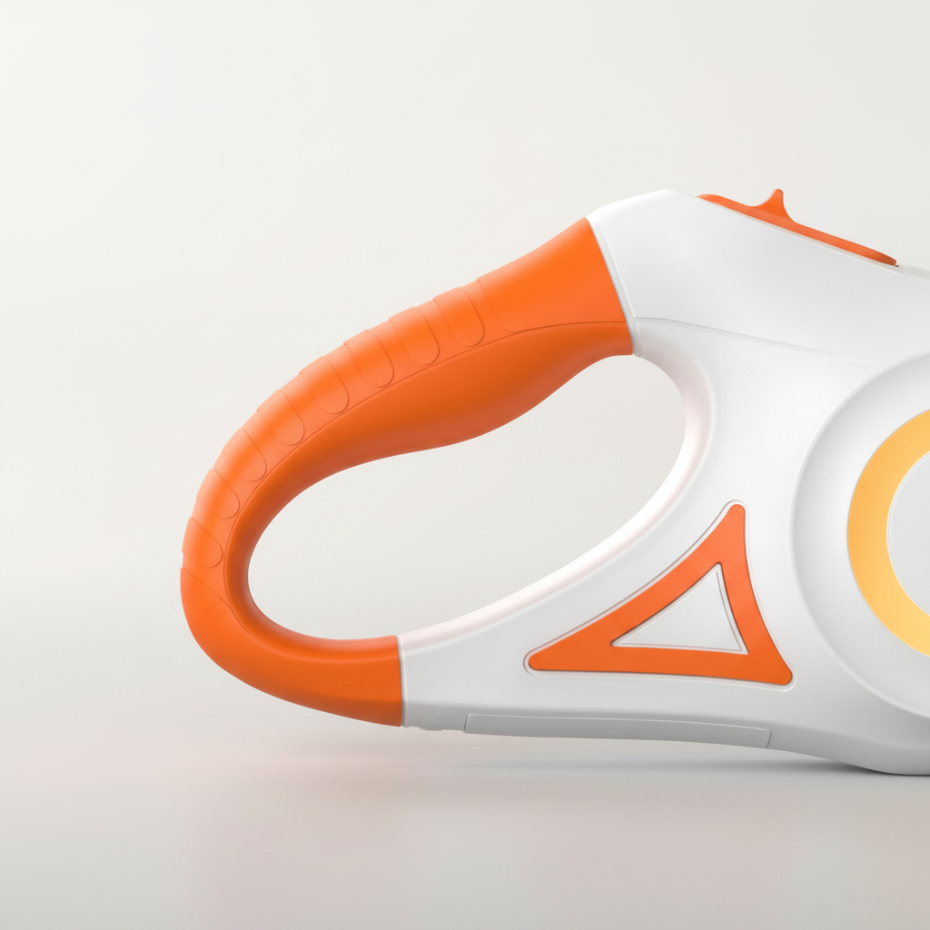 LumiLead™ ergonomic TPR handle close-up — ridged non-slip grip and one-press lock button on orange variant