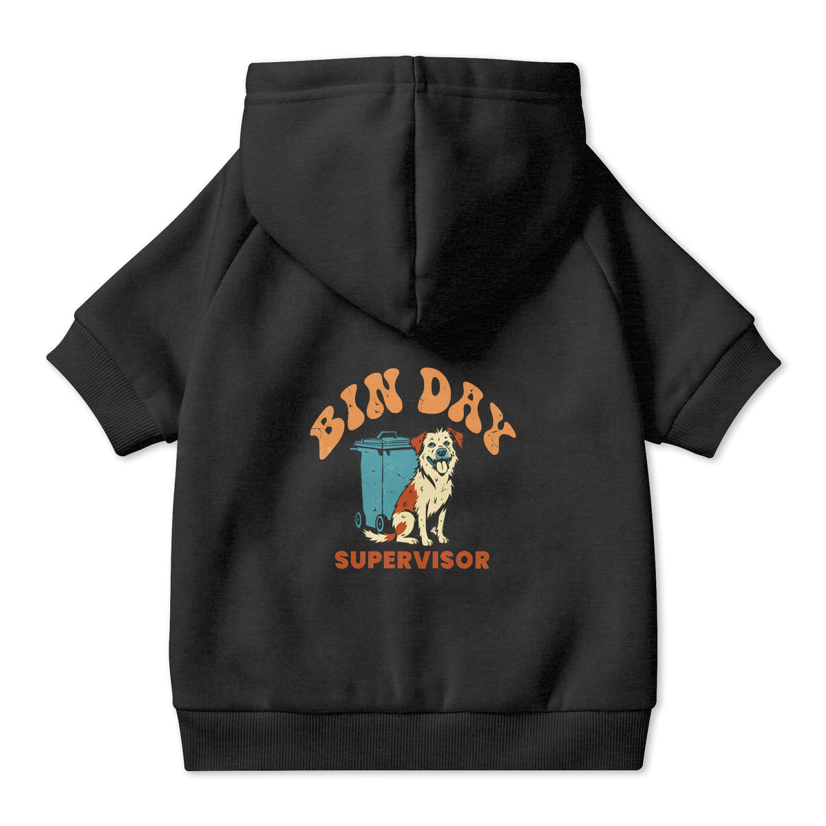 Bin Day Supervisor Dog Hoodie in Black, back view — SniffWaggleNWalk™