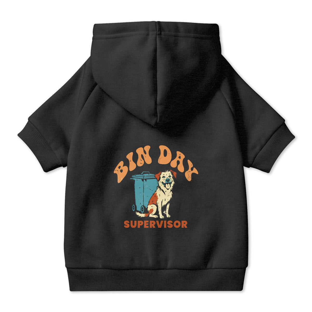 Bin Day Supervisor Dog Hoodie in Black, back view — SniffWaggleNWalk™