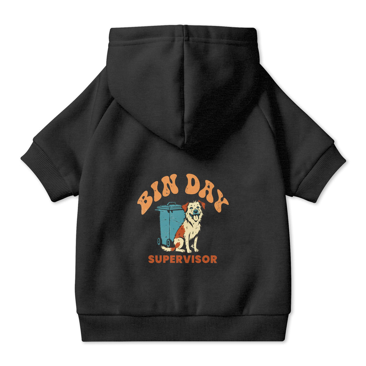 Bin Day Supervisor Dog Hoodie in Black, back view — SniffWaggleNWalk™