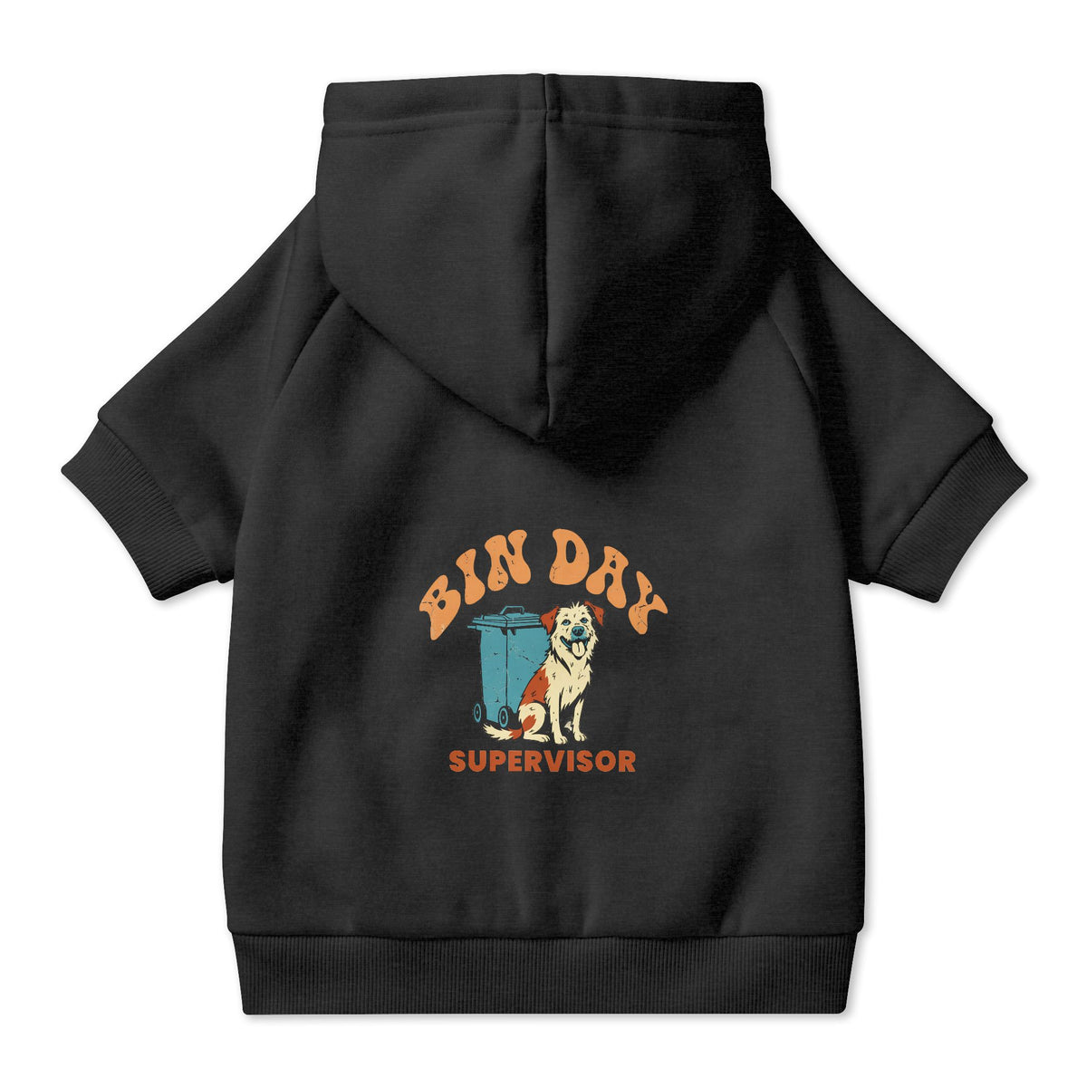 Bin Day Supervisor Dog Hoodie in Black, back view — SniffWaggleNWalk™