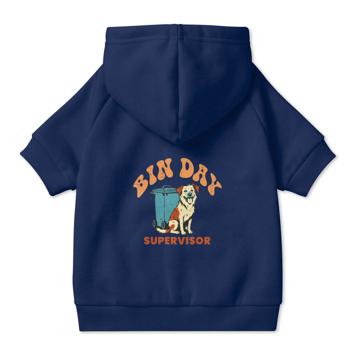 Bin Day Supervisor Dog Hoodie in Navy, back view — SniffWaggleNWalk™