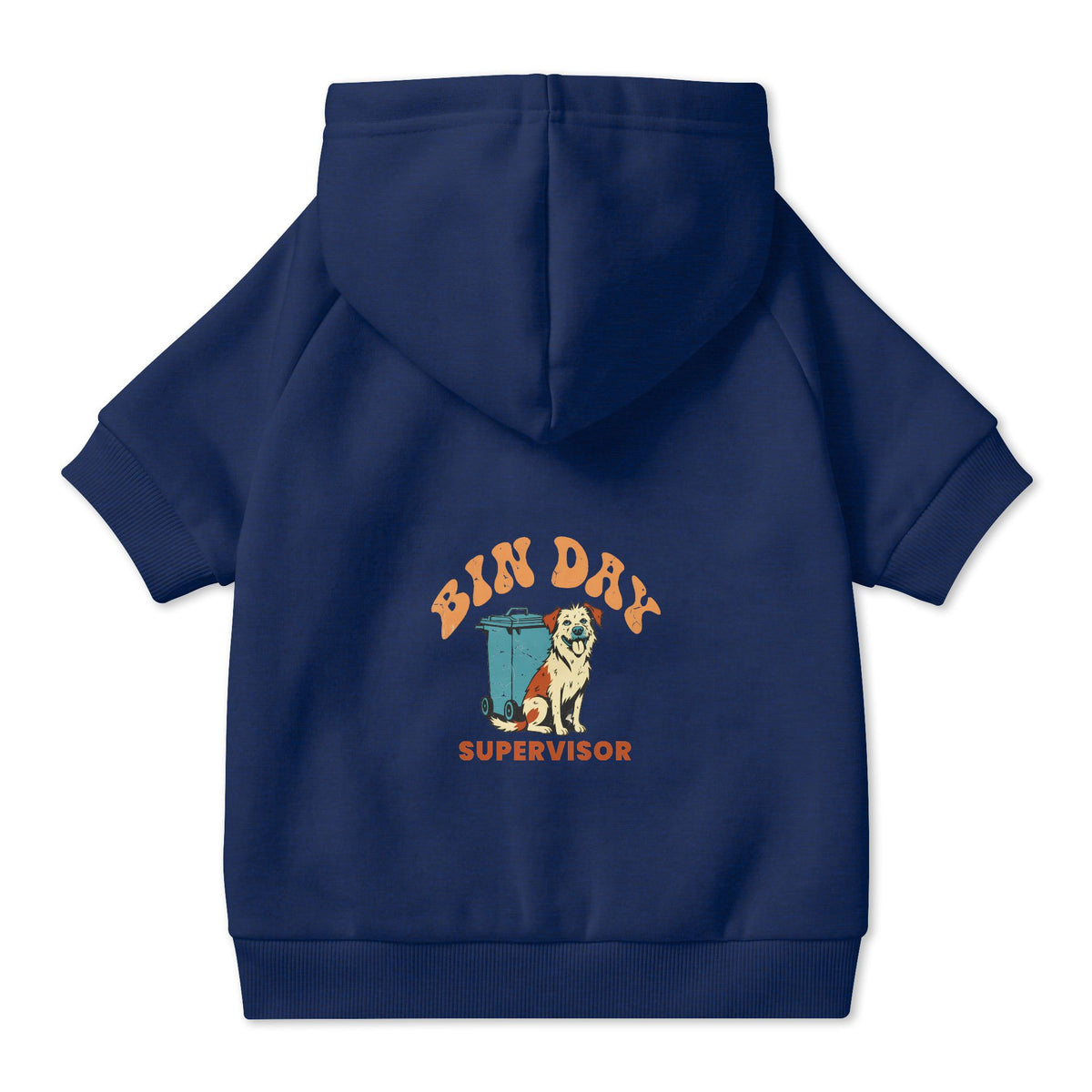 Bin Day Supervisor Dog Hoodie in Navy, back view — SniffWaggleNWalk™