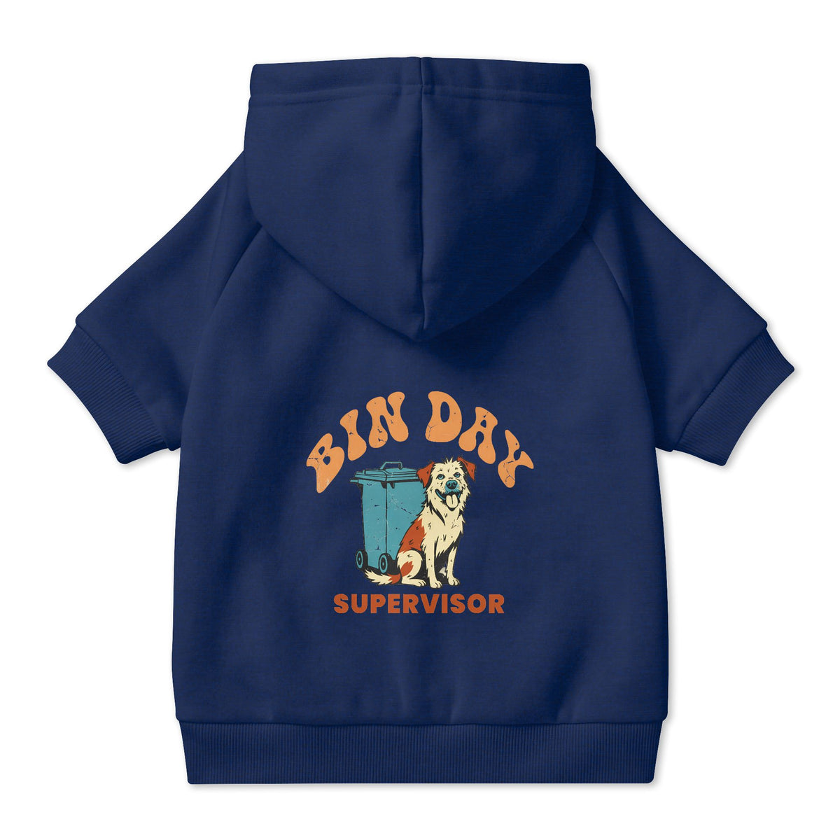 Bin Day Supervisor Dog Hoodie in Navy, back view — SniffWaggleNWalk™
