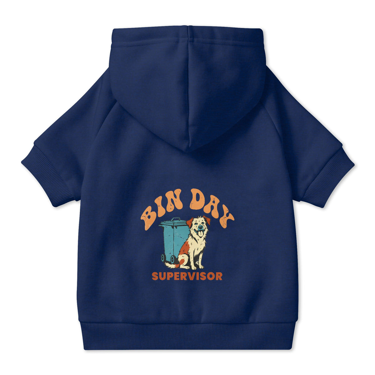 Bin Day Supervisor Dog Hoodie in Navy, back view — SniffWaggleNWalk™