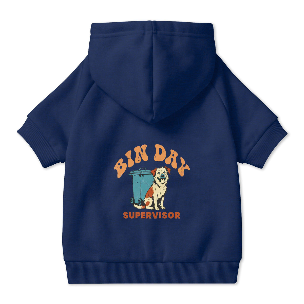 Bin Day Supervisor Dog Hoodie in Navy, back view — SniffWaggleNWalk™