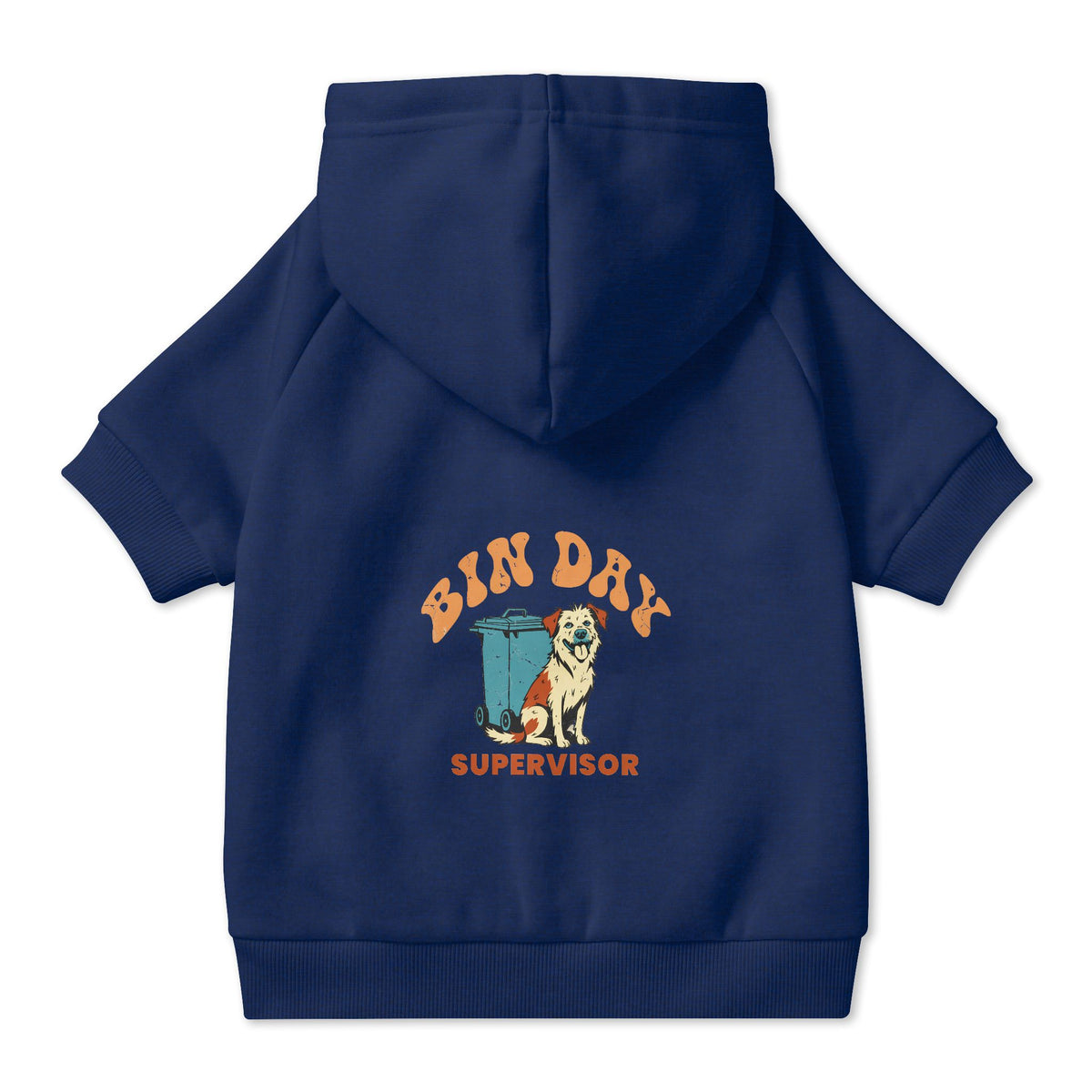 Bin Day Supervisor Dog Hoodie in Navy, back view — SniffWaggleNWalk™