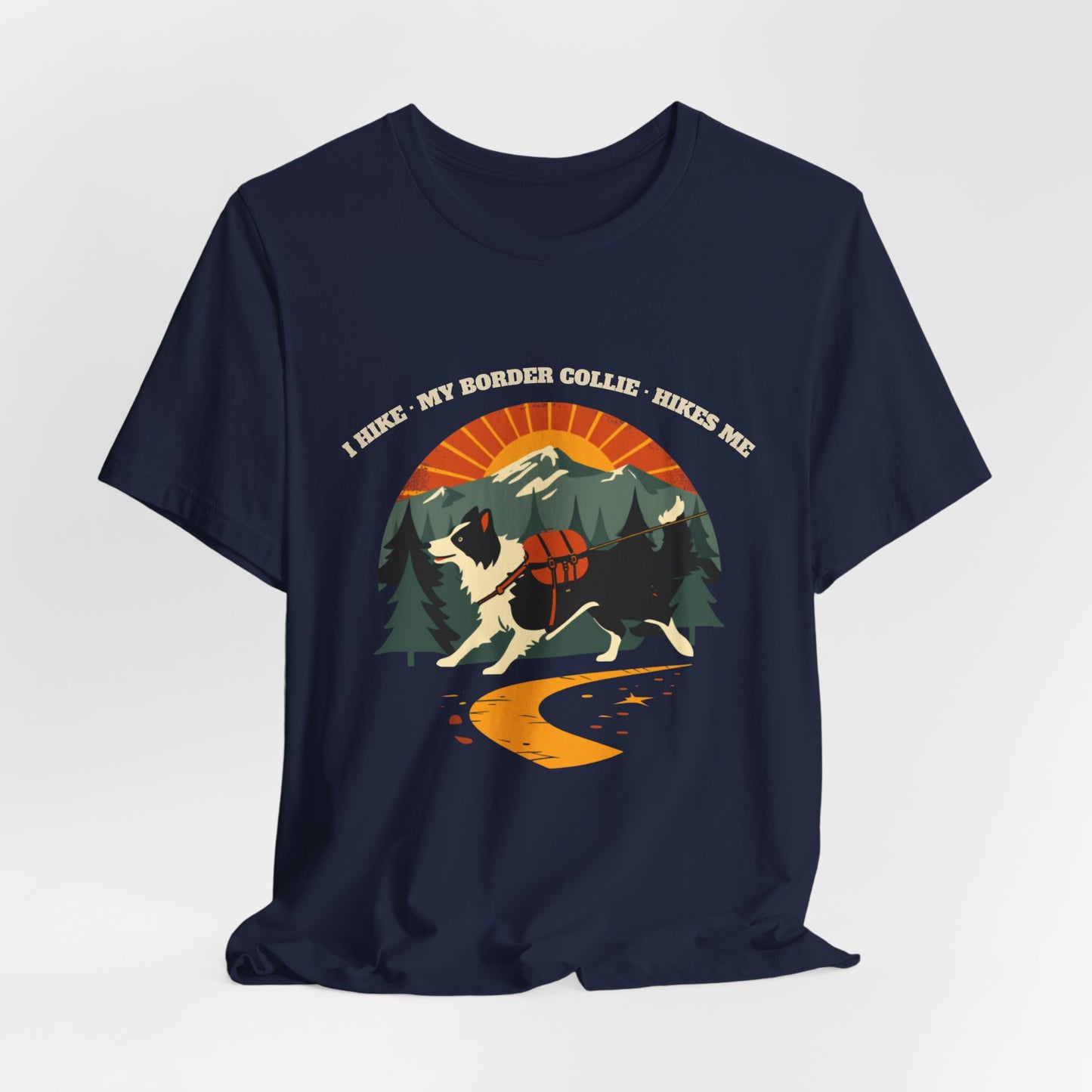 Black border collie hiking t-shirt worn on a dog walk