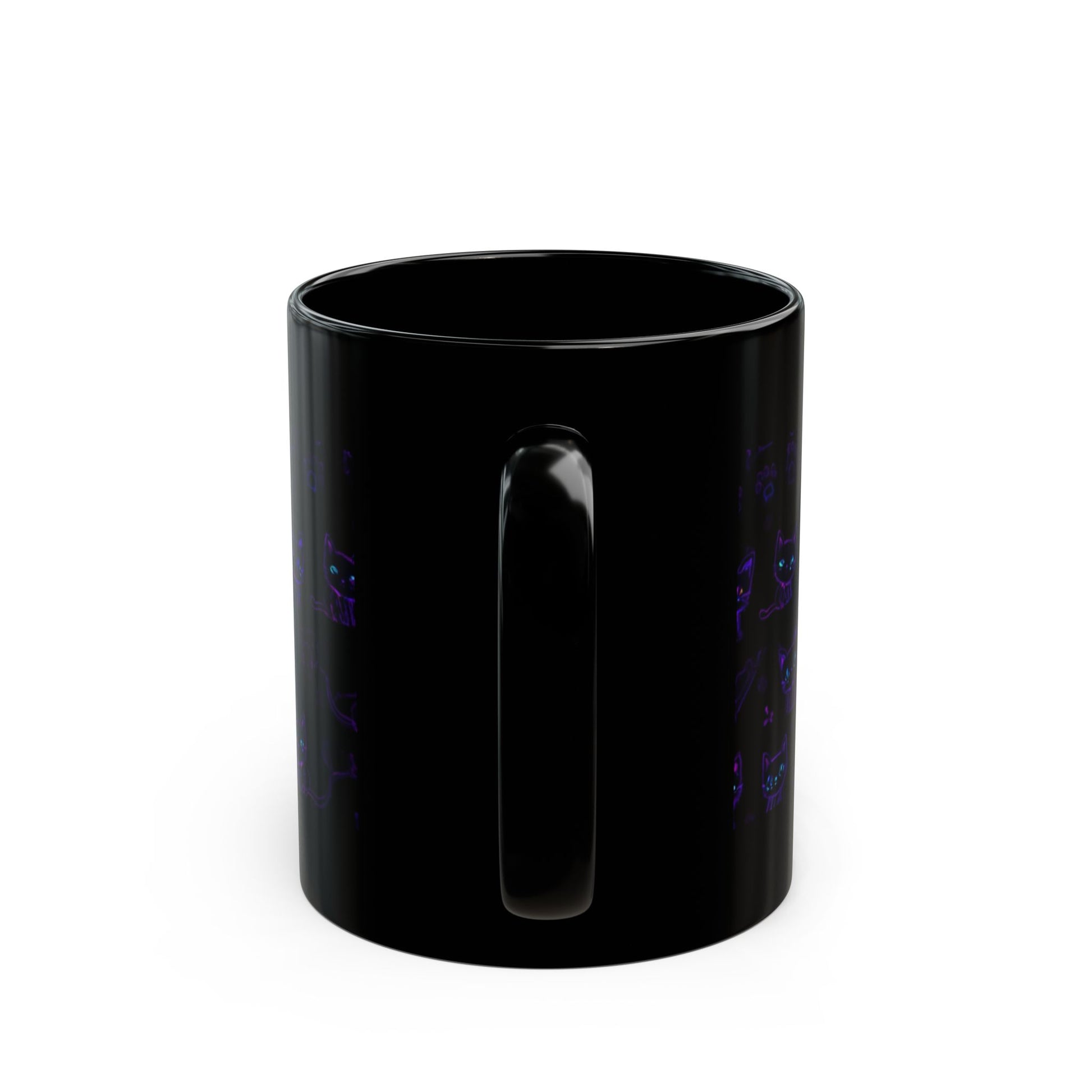 Neon cat mug with coffee on a desk