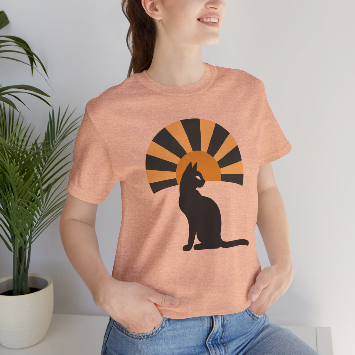 Black Cat Sunburst t-shirt in heather peach, front view