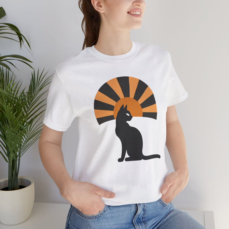 Black Cat Sunburst t-shirt in white, front view
