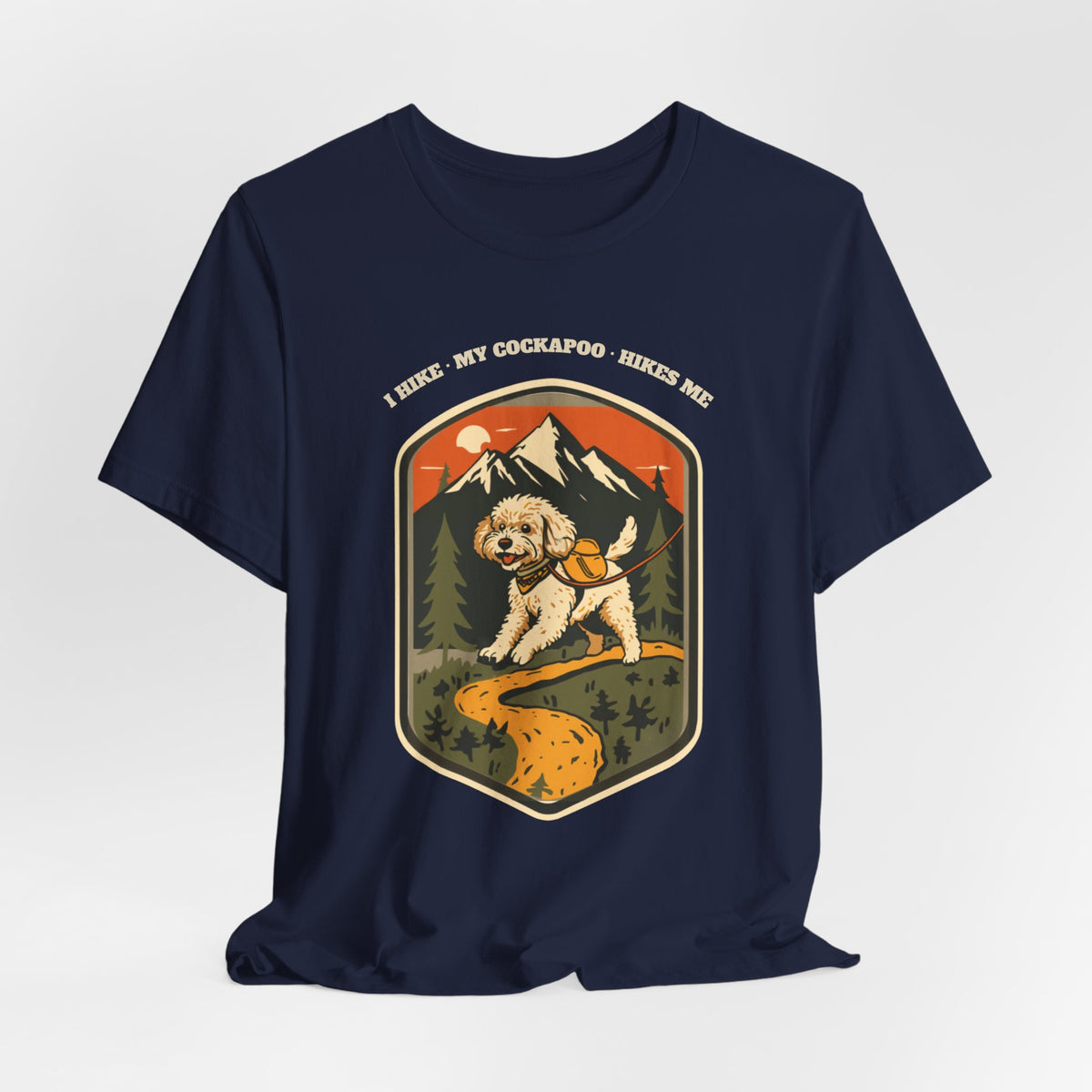 Black cockapoo hiking t-shirt worn on a dog walk